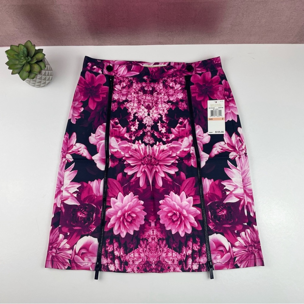 Michael Kors Neon Pink Black Floral Straight Zipper Accent Skirt New Women 2